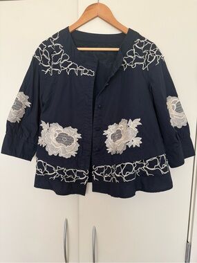 Vintage Navy Cotton Embroidered Floral Lace Appliqué Balloon Trapeze Jacket M/L